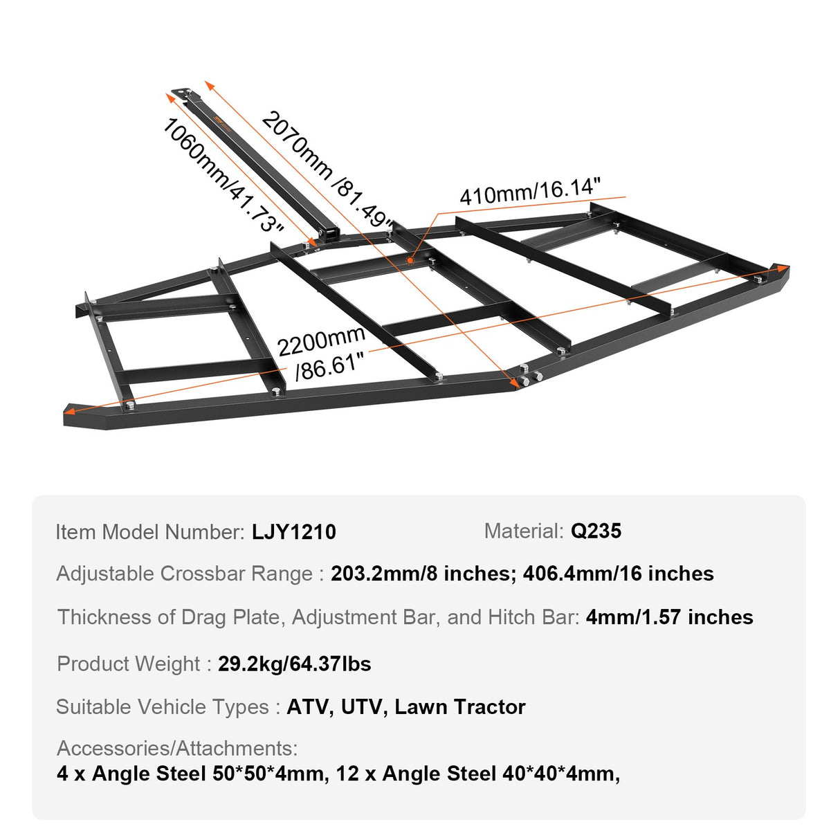 VEVOR Driveway Drag, 84" Width Tow Behind Drag Harrow, Q235 Steel Driveway Grader with Adjustable Bars, Support up to 50 lbs, Driveway Tractor Harrow for ATVs, UTVs, Garden Lawn Tractors