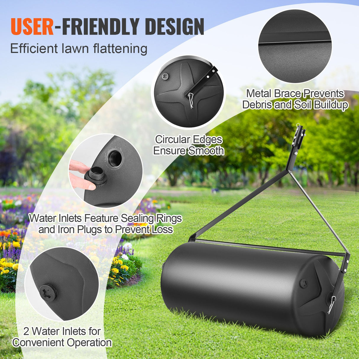 VEVOR Tow Behind Lawn Roller, 400lbs Sand/Water Filled Yard Roller, LLDPE Drum and Steel Frame Sod Roller with Easy-turn Plug, Tow Behind a Tractor or