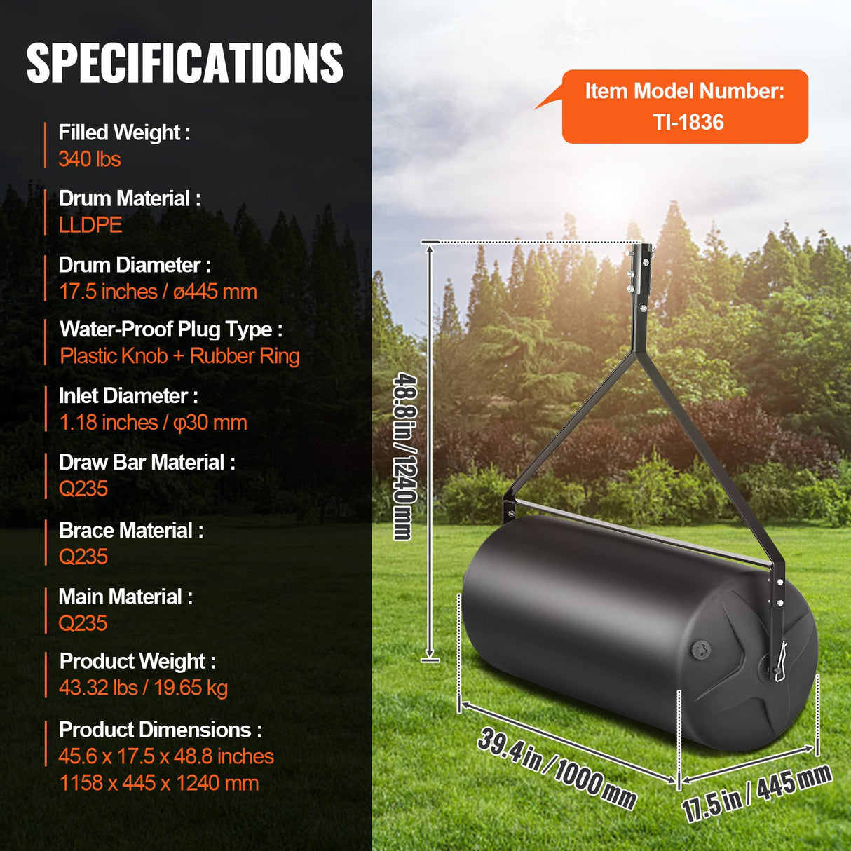 VEVOR Tow Behind Lawn Roller, 400lbs Sand/Water Filled Yard Roller, LLDPE Drum and Steel Frame Sod Roller with Easy-turn Plug, Tow Behind a Tractor or