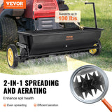 VEVOR Broadcast Spreader, 100 LB Tow Behind Poly Drop Spreader with 10" Wheels, Steel Spike Aerator, Fertilizer Spreader, Garden Seeder, and Salt