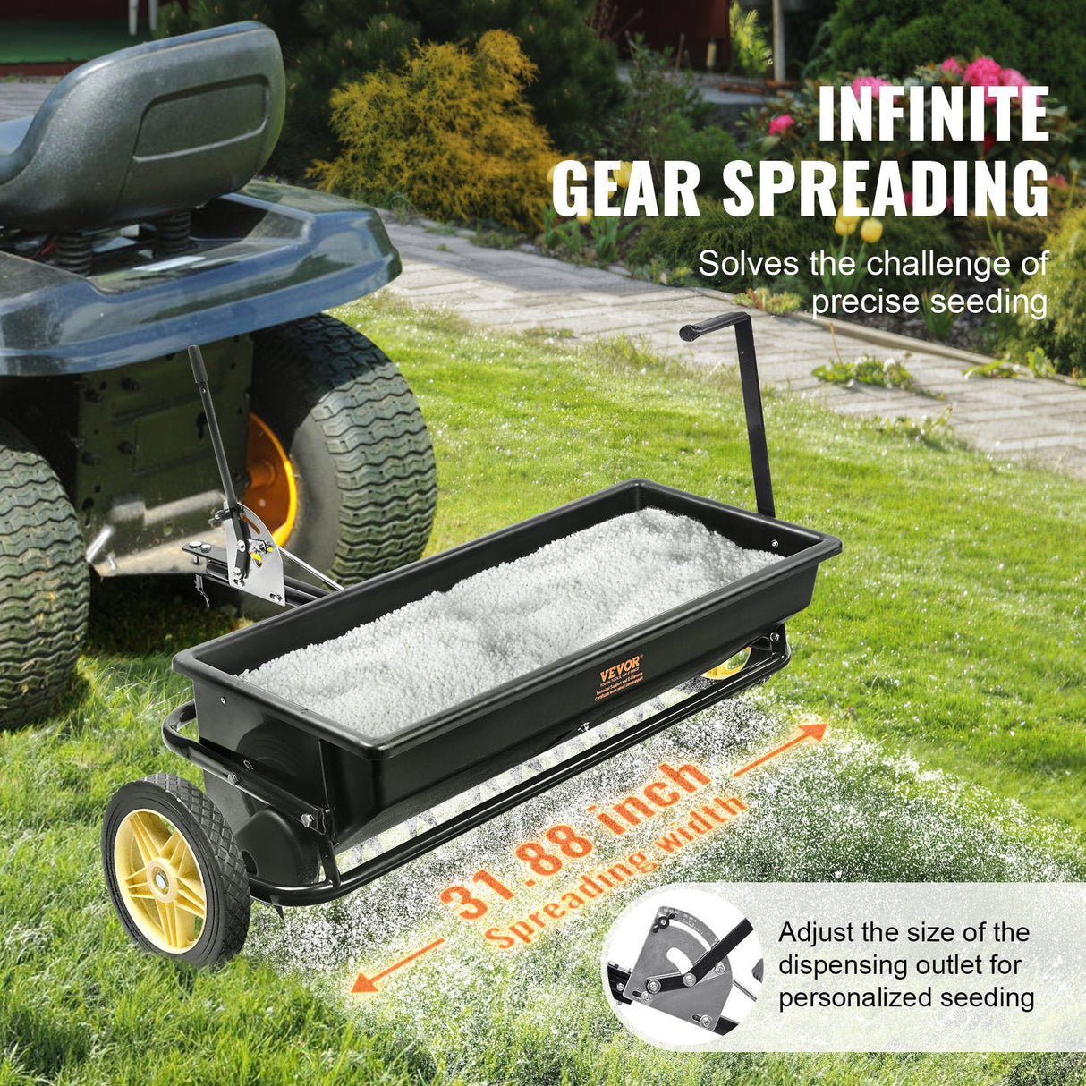 VEVOR Broadcast Spreader, 100 LB Tow Behind Poly Drop Spreader with 10" Wheels, Steel Spike Aerator, Fertilizer Spreader, Garden Seeder, and Salt