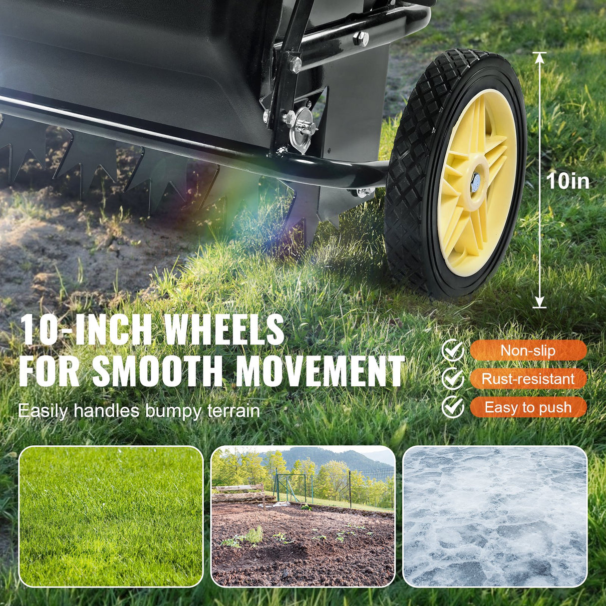 VEVOR Broadcast Spreader, 100 LB Tow Behind Poly Drop Spreader with 10" Wheels, Steel Spike Aerator, Fertilizer Spreader, Garden Seeder, and Salt