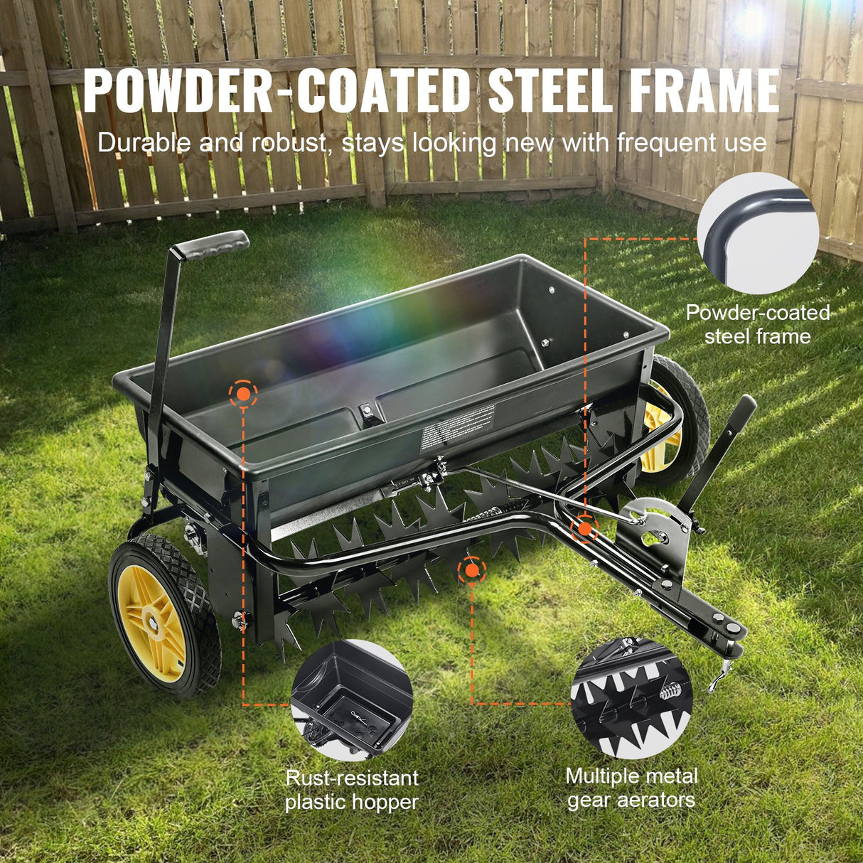 VEVOR Broadcast Spreader, 100 LB Tow Behind Poly Drop Spreader with 10" Wheels, Steel Spike Aerator, Fertilizer Spreader, Garden Seeder, and Salt