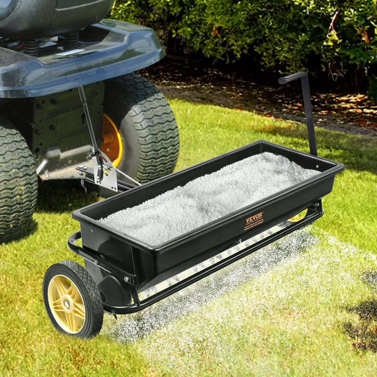 VEVOR Broadcast Spreader, 100 LB Tow Behind Poly Drop Spreader with 10" Wheels, Steel Spike Aerator, Fertilizer Spreader, Garden Seeder, and Salt