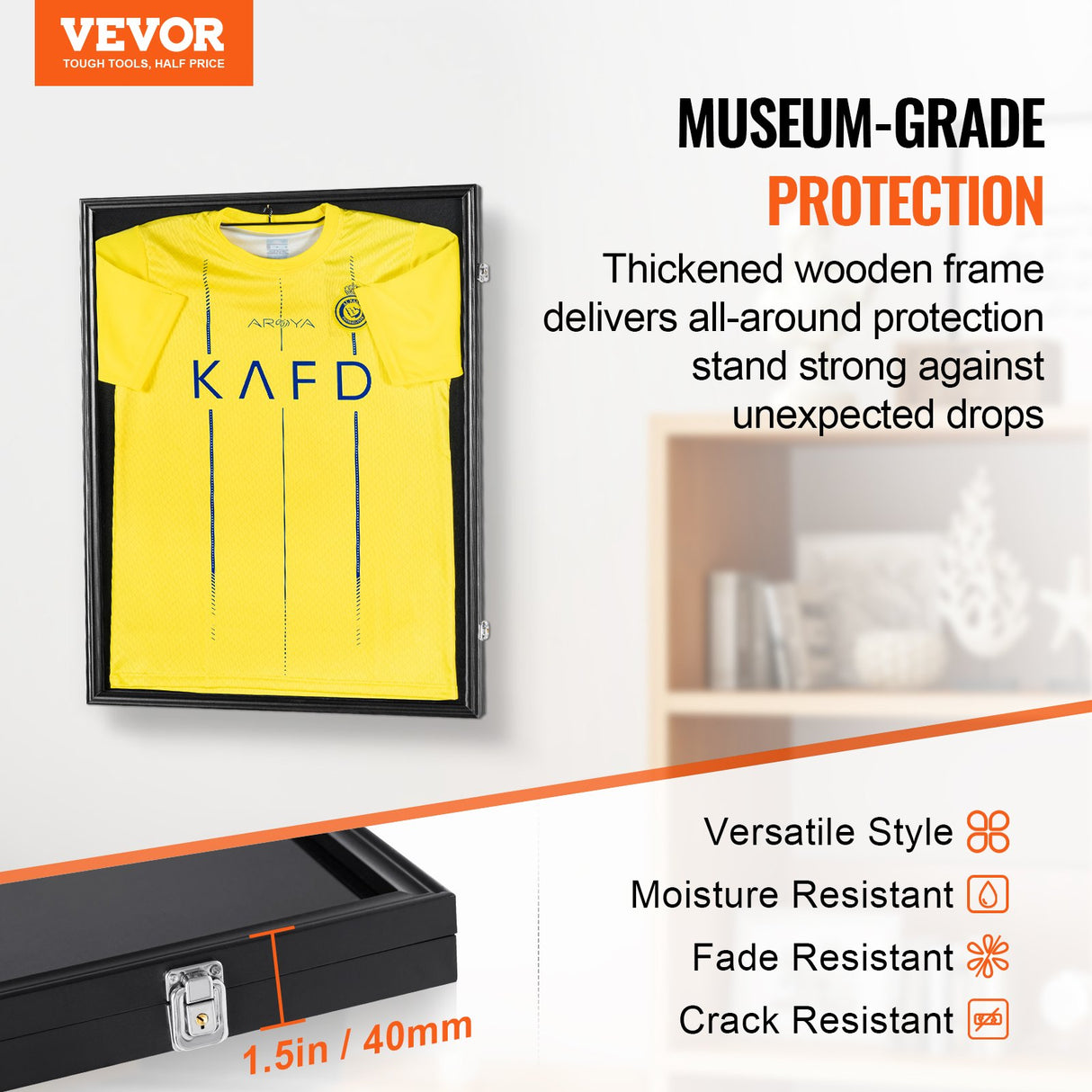 VEVOR Jersey Display Frame Case, 590 x 790 x 40 mm, Large Lockable Sport Jersey Shadow Box with 98% UV Protection PC Glass and Hangers, for Baseball