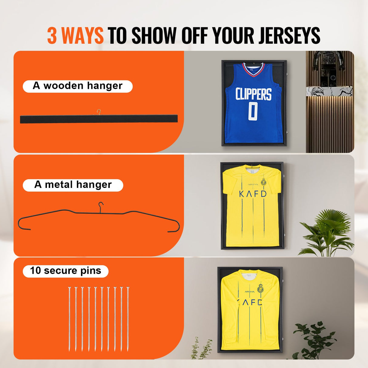 VEVOR Jersey Display Frame Case, 590 x 790 x 40 mm, Large Lockable Sport Jersey Shadow Box with 98% UV Protection PC Glass and Hangers, for Baseball