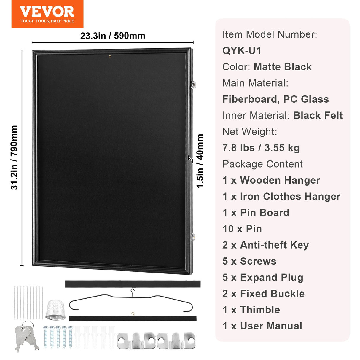 VEVOR Jersey Display Frame Case, 590 x 790 x 40 mm, Large Lockable Sport Jersey Shadow Box with 98% UV Protection PC Glass and Hangers, for Baseball