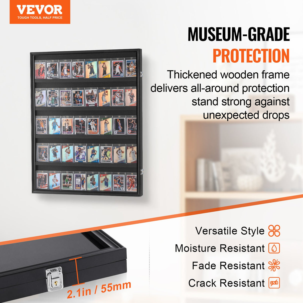 VEVOR 35 Graded Sports Card Display Case, 617 x 775 x 55 mm, Baseball Card Display Frame with 98% UV Protection Clear View PC Glass, Lockable Wall