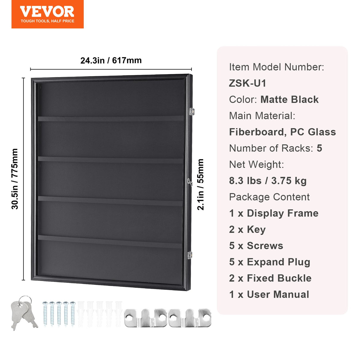 VEVOR 35 Graded Sports Card Display Case, 617 x 775 x 55 mm, Baseball Card Display Frame with 98% UV Protection Clear View PC Glass, Lockable Wall