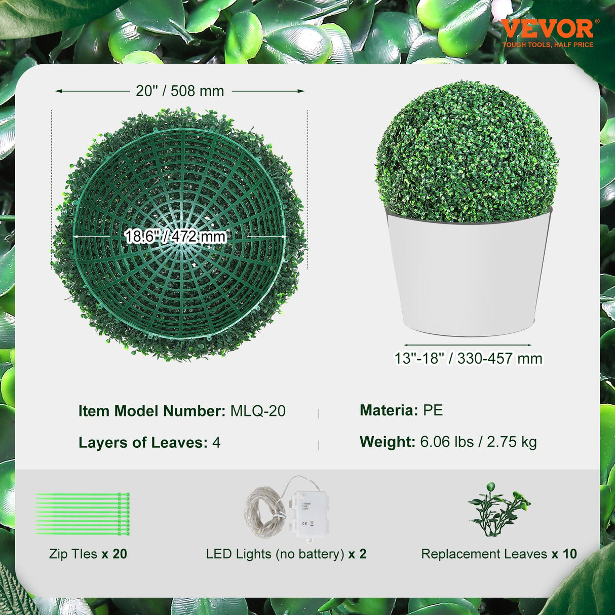 VEVOR Artificial Topiaries Boxwood Trees, (2 Pieces), Ball-Shape Faux Topiaries Plant, All-year Green Feaux Plant Decorative Balls for Backyard,