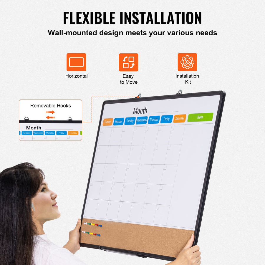 36"x 24" Monthly Calendar Whiteboard & Cork Board Combo with Aluminum Frame – 2-in-1 Magnetic Dry Erase Bulletin Board for Wall Mount – Ideal for School, Home, Office