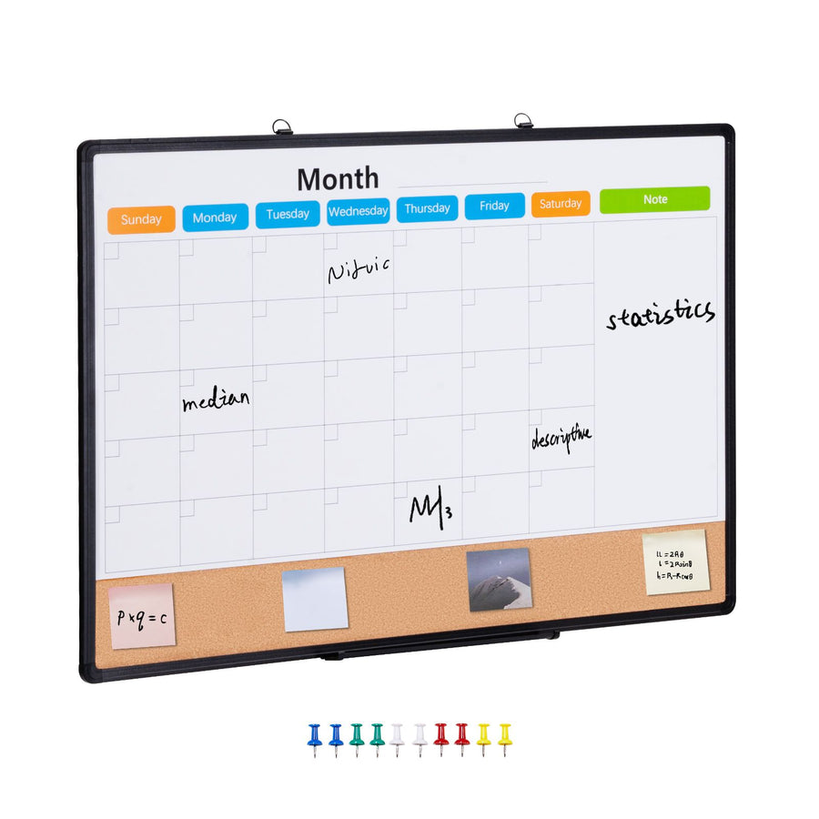 36"x 24" Monthly Calendar Whiteboard & Cork Board Combo with Aluminum Frame – 2-in-1 Magnetic Dry Erase Bulletin Board for Wall Mount – Ideal for School, Home, Office