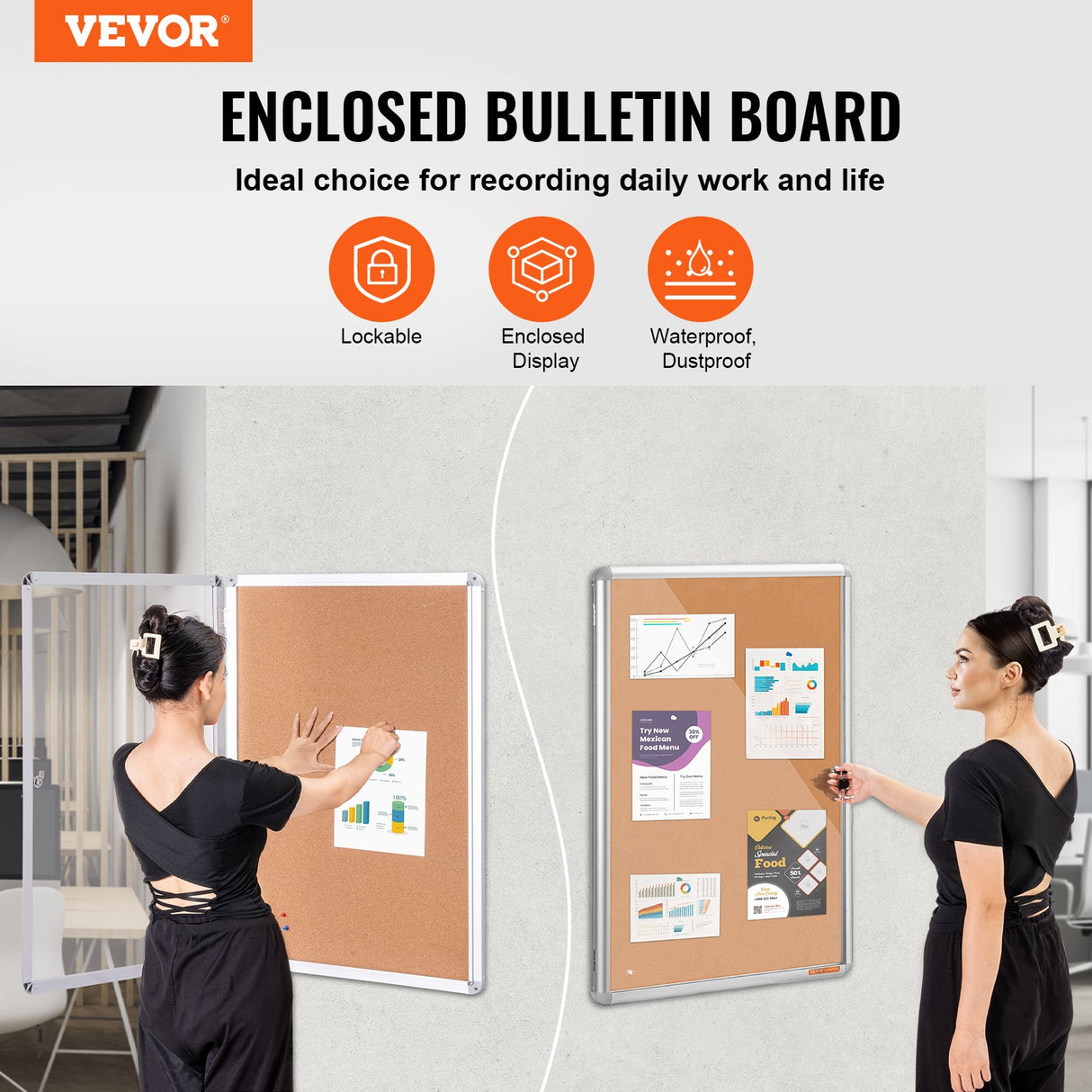 VEVOR 36"x24" Enclosed Cork Board with Aluminum Frame Lockable Bulletin Board