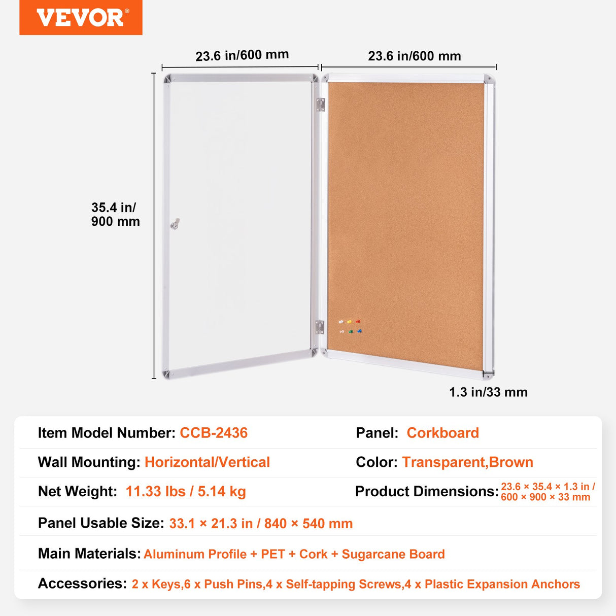 VEVOR 36"x24" Enclosed Cork Board with Aluminum Frame Lockable Bulletin Board