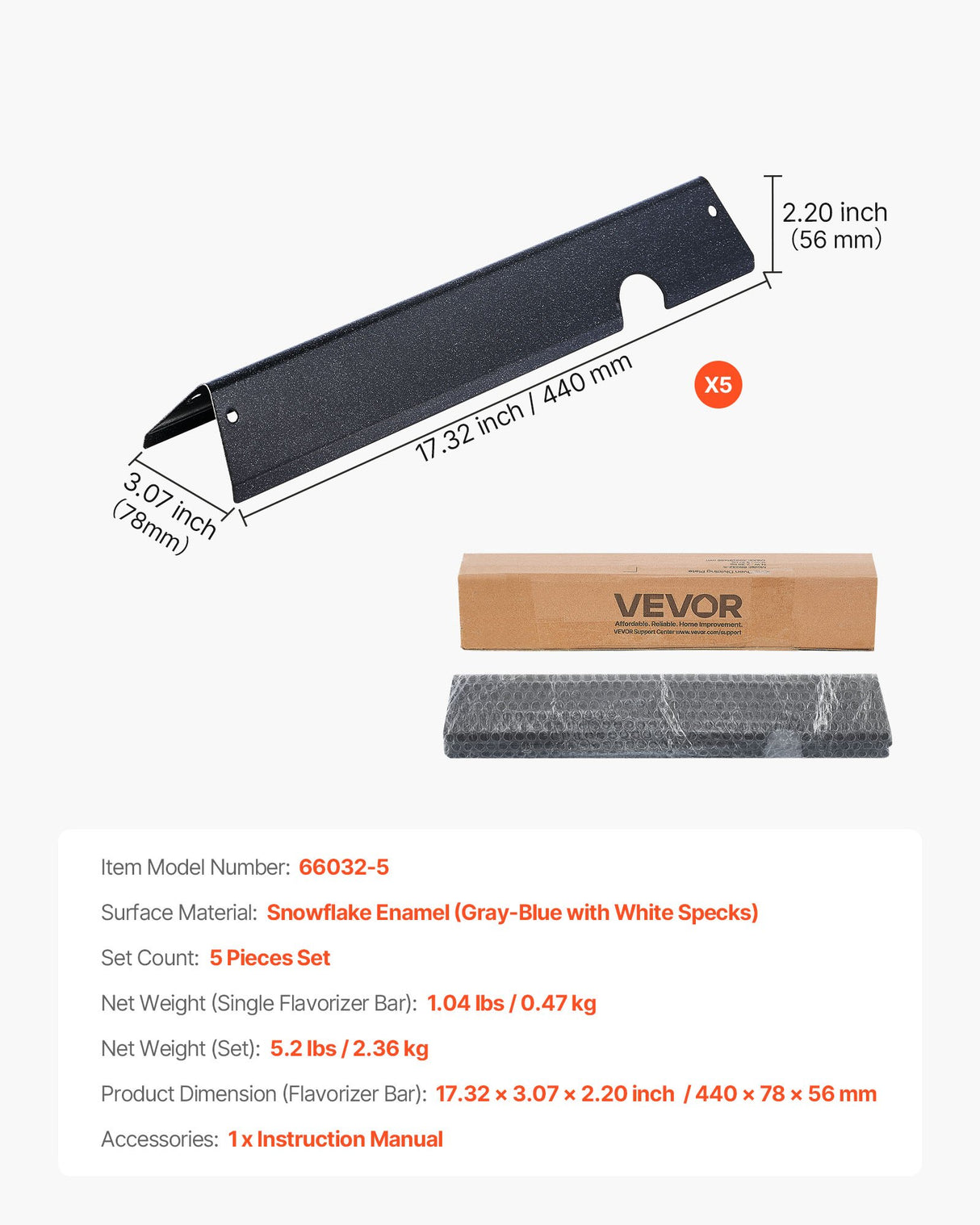 Flavorizer Bars, 44cm Grill Replacement Part, for Weber Genesis ll 310 315 335 340, E/S 325s, ES/SX 325s, E/S 335, EX/SX/EPX-335 Grills, Porcelain-enameled Steel Thicker Heat Plate, 5 Pack
