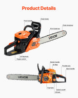 VEVOR 52cc Gas Chainsaw 1.8 kW Gas Powered 455 mm Chainsaw For Wood Cutting - Side View