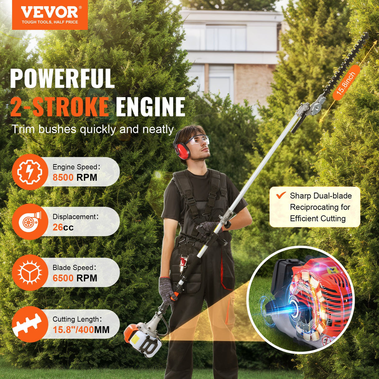 VEVOR 15.7-inch 26CC 2 Cycle Gas Hedge Trimmer, Gas Powered Pole Hedge Trimmer with Dual Sided Dual Action Blade, Adjustable Trimmer Head, Suitable