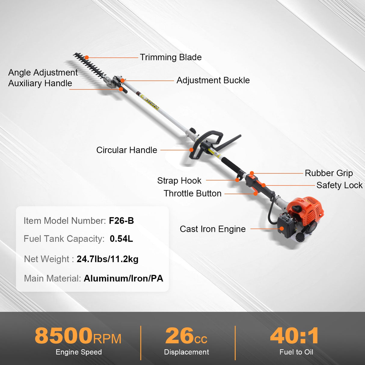 VEVOR 15.7-inch 26CC 2 Cycle Gas Hedge Trimmer, Gas Powered Pole Hedge Trimmer with Dual Sided Dual Action Blade, Adjustable Trimmer Head, Suitable