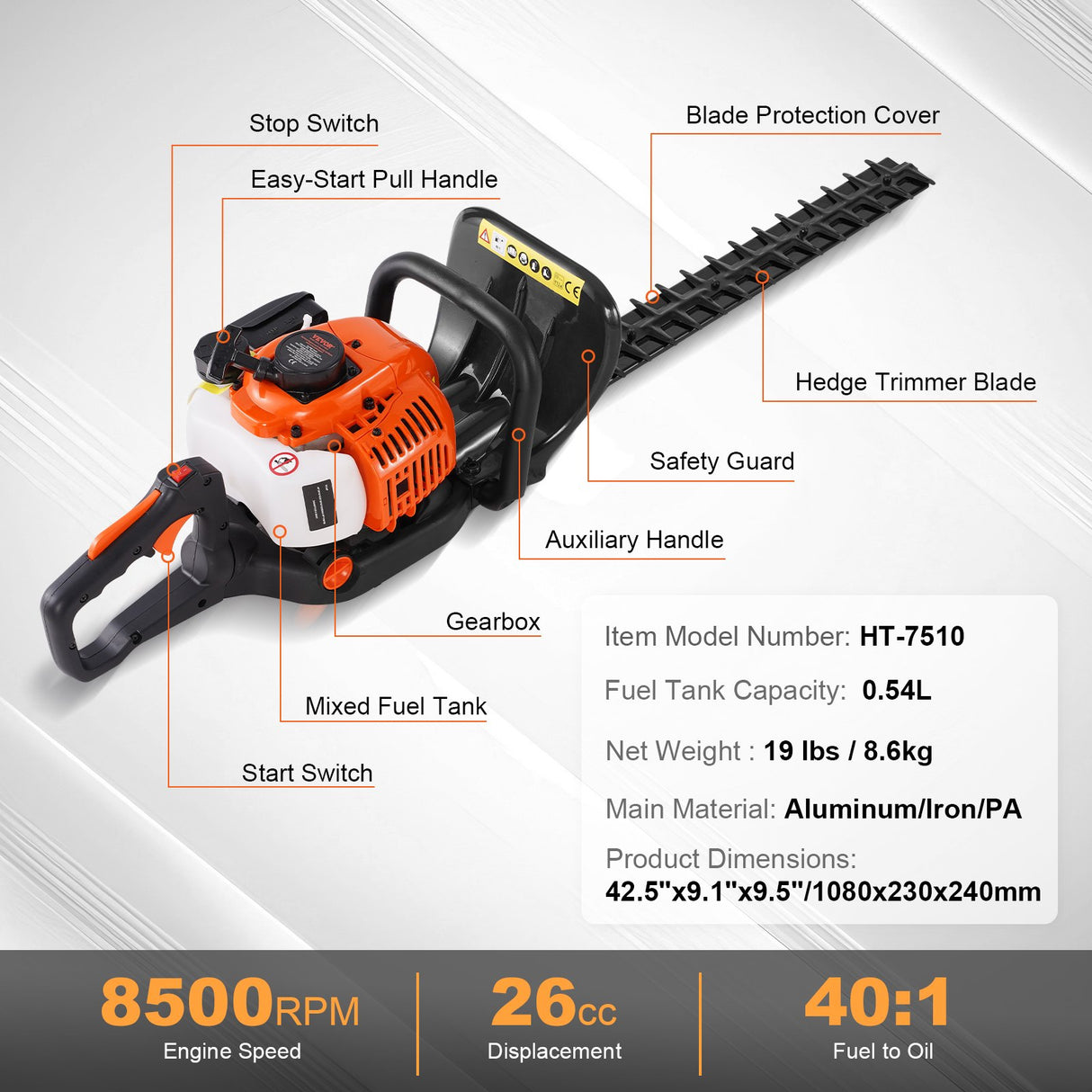 VEVOR 23.2-inch 26CC 2 Cycle Gas Hedge Trimmer, Gas Powered Handheld Hedge Trimmer with Dual Sided Dual Action Blade, 180° Adjustable Trimmer Head, Suitable for Trimming Shrubs, Low Bushes
