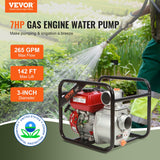 Gasoline Engine Water Pump, 80 mm, 7HP 265 GPM, 43 m Lift, 7 m Suction, 4-Stroke Gas Powered Trash Water Transfer Pump Portable High Pressure with 25ft Hose for Irrigation Pool, EPA Certified