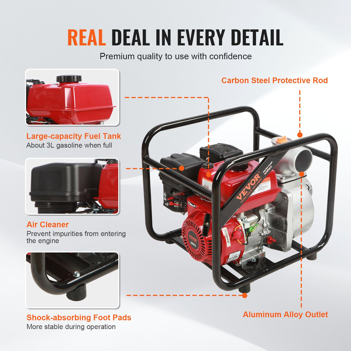 VEVOR Gasoline Engine Water Pump, 80 mm, 7HP 265 GPM, 43 m Lift, 7 m Suction, 4-Stroke Gas Powered Trash Water Transfer Pump Portable High Pressure with 25ft Hose for Irrigation Pool, EPA Certified