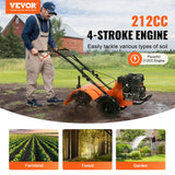 VEVOR Tiller Cultivator Gas Powered, 212CC 4-Stroke Garden Cultivator, Tiller with 4 Steel Adjustable Rear Tines for Lawn, Garden and Field Soil Cultivation - Front View