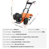 VEVOR Tiller Cultivator Gas Powered, 212CC 4-Stroke Garden Cultivator, Tiller with 4 Steel Adjustable Rear Tines for Lawn, Garden and Field Soil Cultivation - Close-Up Angle