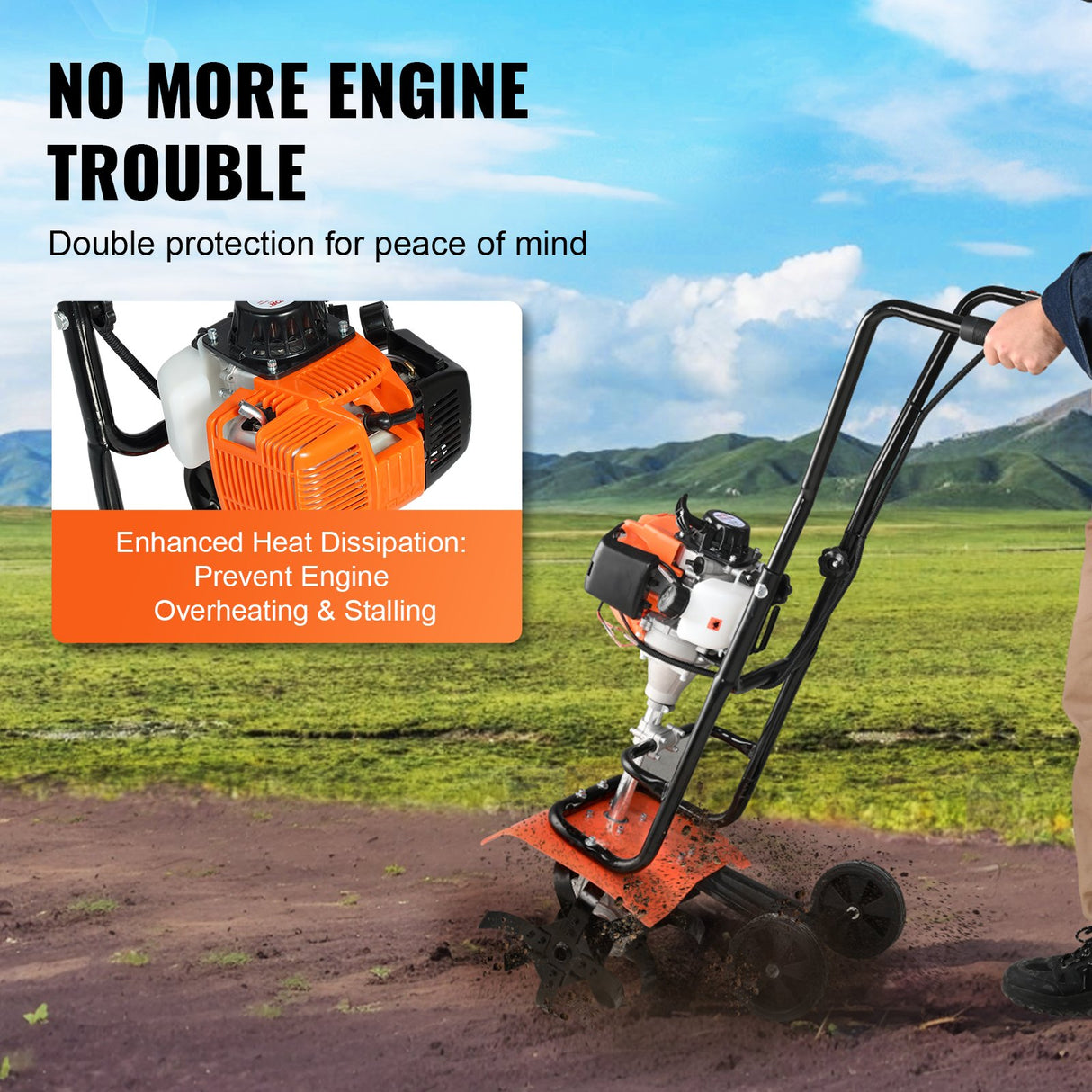 VEVOR Tiller Cultivator Gas Powered, 38CC 4-Stroke Garden Cultivator, Tiller with 4 Steel Adjustable Front Tines for Lawn, Garden and Field Soil