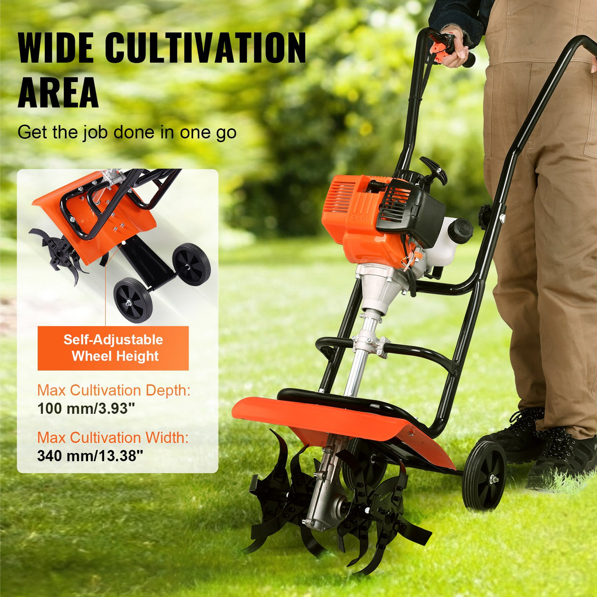 VEVOR Tiller Cultivator Gas Powered, 38CC 4-Stroke Garden Cultivator, Tiller with 4 Steel Adjustable Front Tines for Lawn, Garden and Field Soil