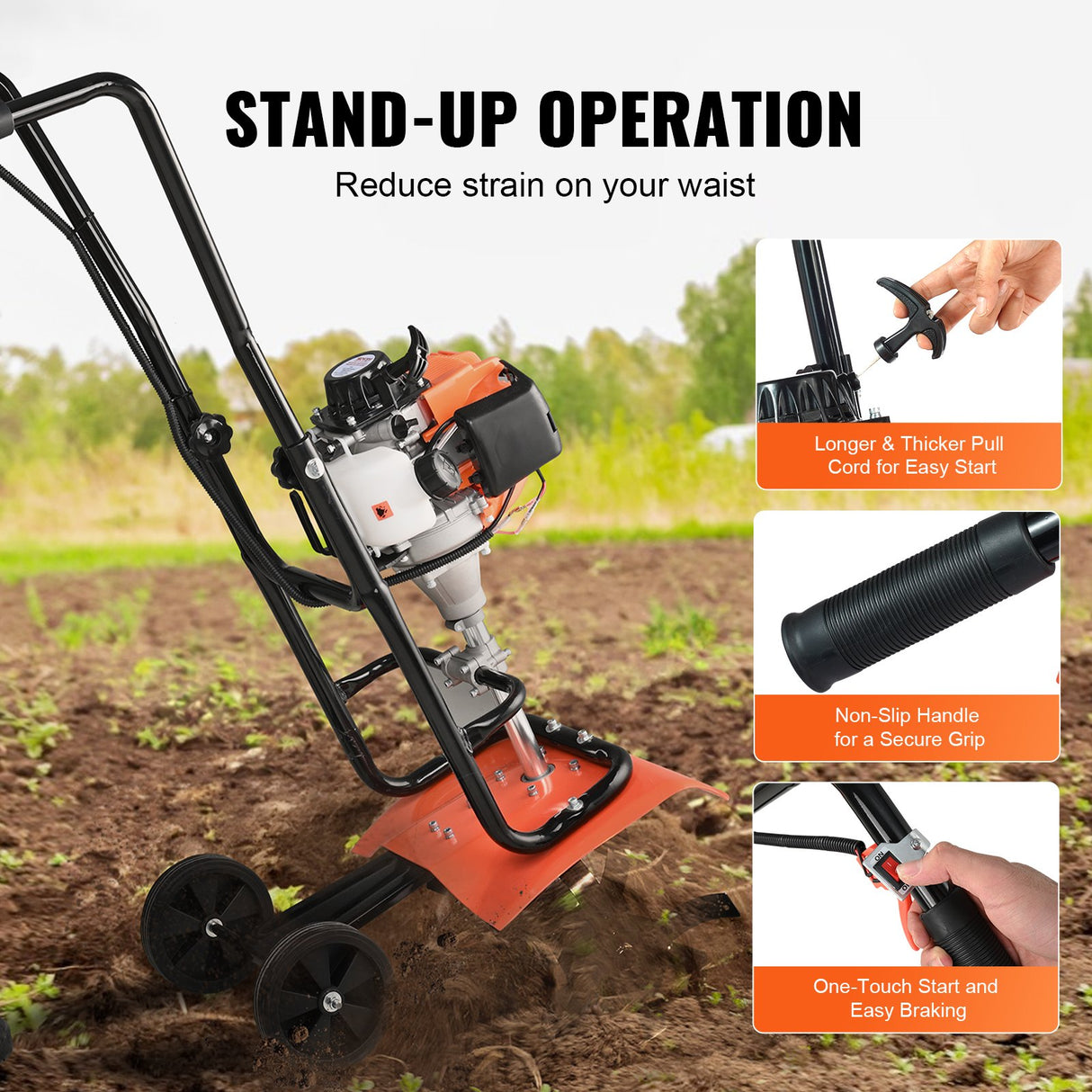 VEVOR Tiller Cultivator Gas Powered, 38CC 4-Stroke Garden Cultivator, Tiller with 4 Steel Adjustable Front Tines for Lawn, Garden and Field Soil