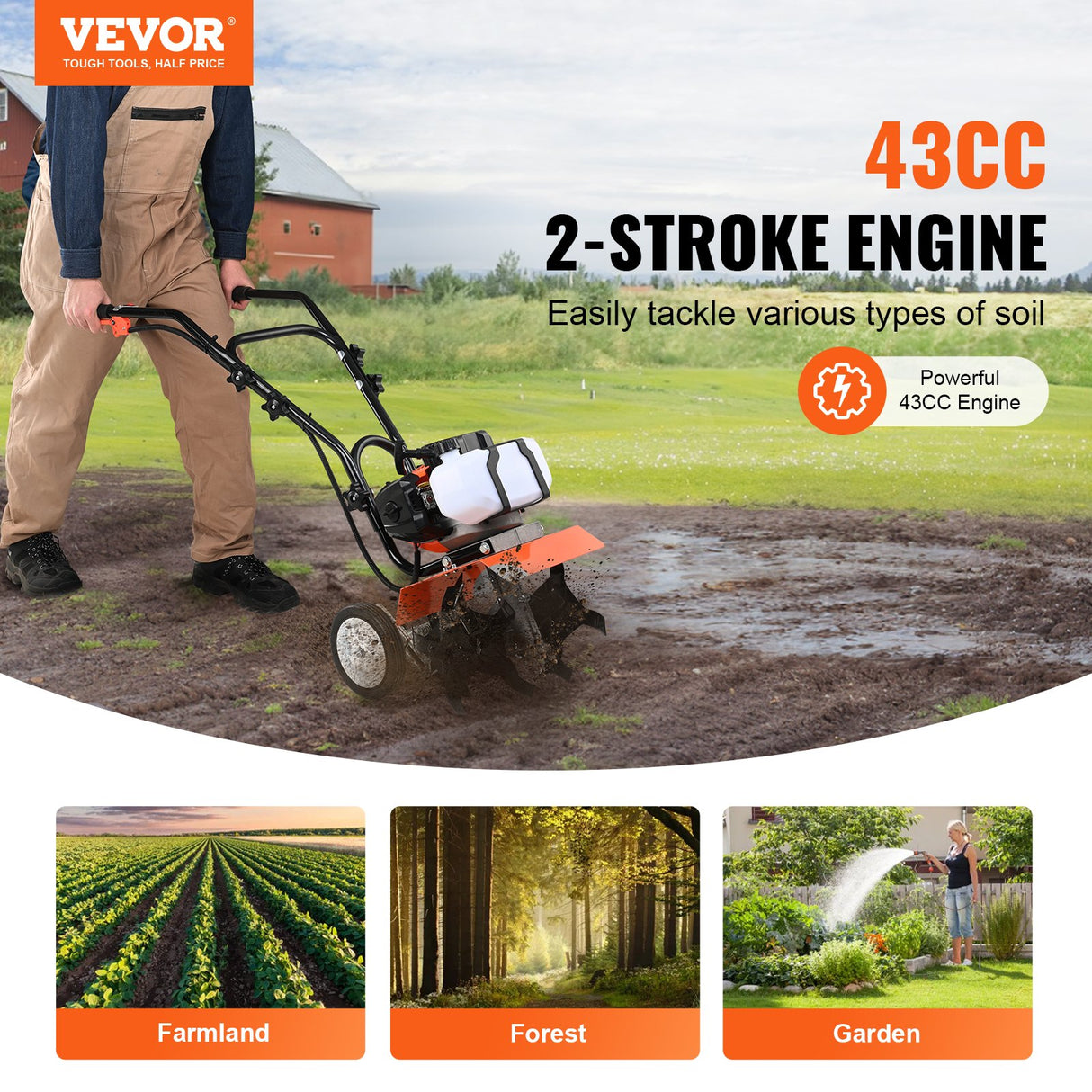 VEVOR Tiller Cultivator Gas Powered, 43CC 2-Stroke Garden Cultivator, Tiller with 4 Steel Adjustable Front Tines for Lawn, Garden and Field Soil