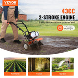 VEVOR Tiller Cultivator Gas Powered, 43CC 2-Stroke Garden Cultivator, Tiller with 4 Steel Adjustable Front Tines for Lawn, Garden and Field Soil