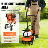 VEVOR Tiller Cultivator Gas Powered, 43CC 2-Stroke Garden Cultivator, Tiller with 4 Steel Adjustable Front Tines for Lawn, Garden and Field Soil Cultivation - Side View