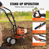 VEVOR Tiller Cultivator Gas Powered, 43CC 2-Stroke Garden Cultivator, Tiller with 4 Steel Adjustable Front Tines for Lawn, Garden and Field Soil