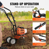 VEVOR Tiller Cultivator Gas Powered, 43CC 2-Stroke Garden Cultivator, Tiller with 4 Steel Adjustable Front Tines for Lawn, Garden and Field Soil Cultivation - Top-Down View