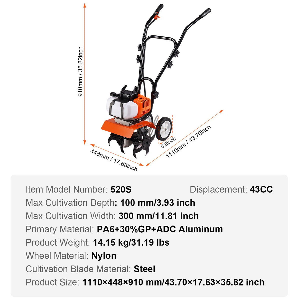 VEVOR Tiller Cultivator Gas Powered, 43CC 2-Stroke Garden Cultivator, Tiller with 4 Steel Adjustable Front Tines for Lawn, Garden and Field Soil