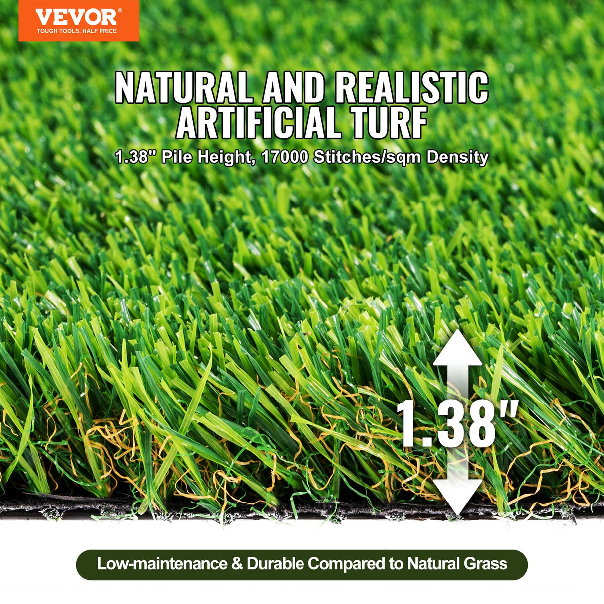 VEVOR Artifical Grass, 6 x 10 ft Rug Green Turf, 1.38"Fake Door Mat Outdoor Patio Lawn Decoration, Easy to Clean with Drainage Holes, Perfect For