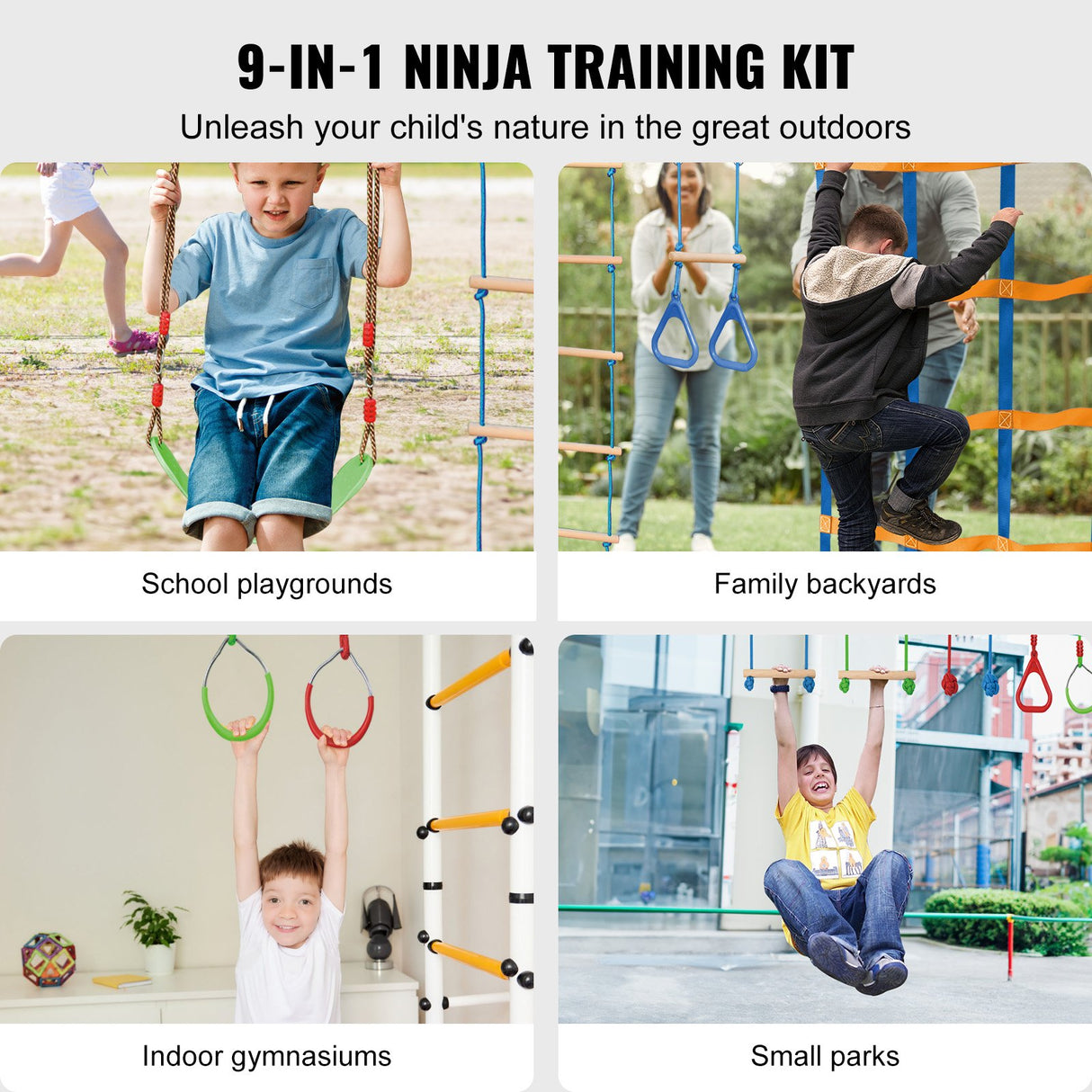 VEVOR Ninja Warrior Obstacle Course for Kids, 2 x 15.24 m Weatherproof Slacklines, 228kg Weight Capacity Monkey Line, Outdoor Playset Equipment, Backyard Toys Training Equipment Set with 12 Obstacles