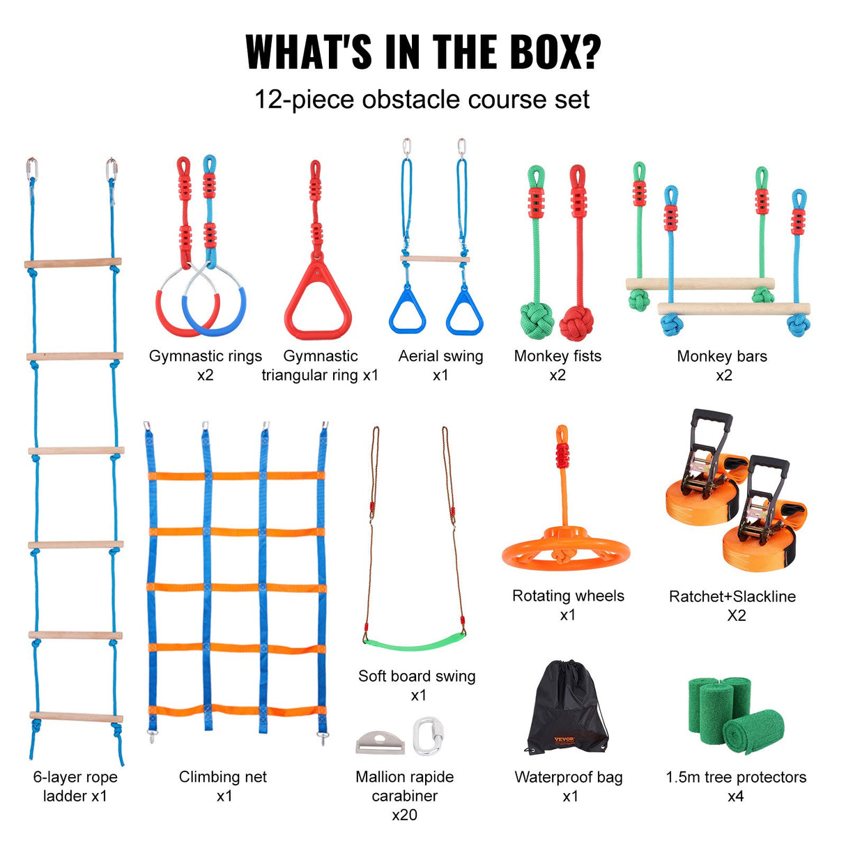 VEVOR Ninja Warrior Obstacle Course for Kids, 2 x 15.24 m Weatherproof Slacklines, 228kg Weight Capacity Monkey Line, Outdoor Playset Equipment, Backyard Toys Training Equipment Set with 12 Obstacles