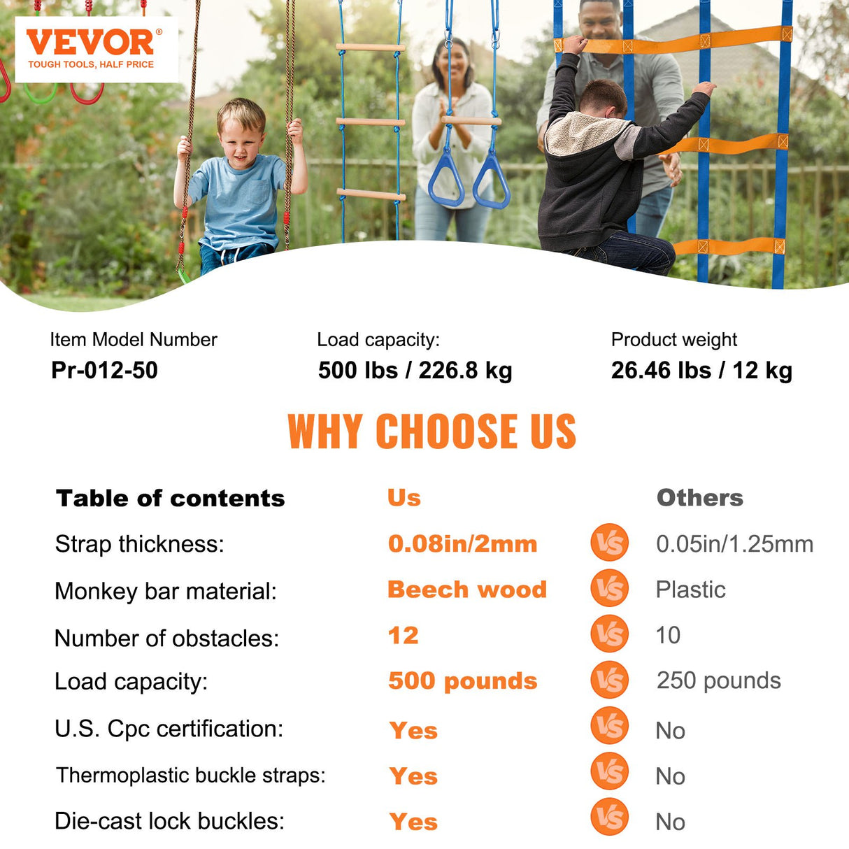 VEVOR Ninja Warrior Obstacle Course for Kids, 2 x 15.24 m Weatherproof Slacklines, 228kg Weight Capacity Monkey Line, Outdoor Playset Equipment, Backyard Toys Training Equipment Set with 12 Obstacles