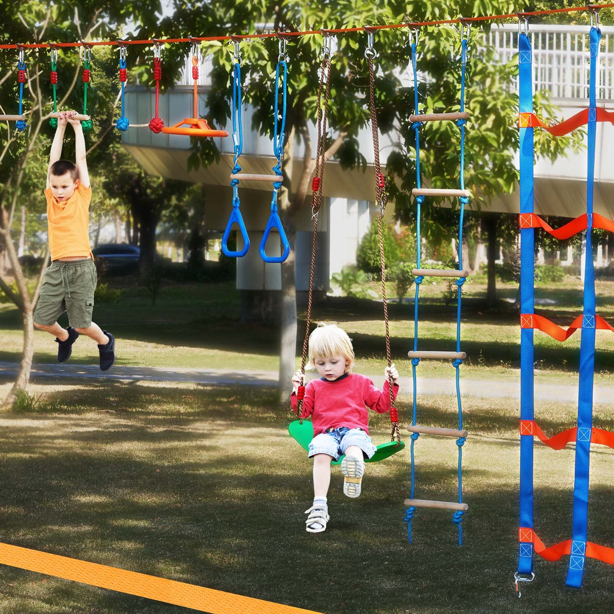 VEVOR Ninja Warrior Obstacle Course for Kids, 2 x 15.24 m Weatherproof Slacklines, 228kg Weight Capacity Monkey Line, Outdoor Playset Equipment, Backyard Toys Training Equipment Set with 12 Obstacles