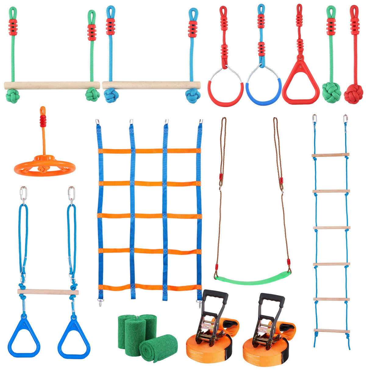 VEVOR Ninja Warrior Obstacle Course for Kids, 2 x 15.24 m Weatherproof Slacklines, 228kg Weight Capacity Monkey Line, Outdoor Playset Equipment, Backyard Toys Training Equipment Set with 12 Obstacles
