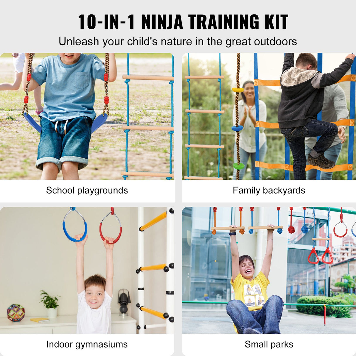 VEVOR Ninja Warrior Obstacle Course for Kids, 2 x 18.3 m Weatherproof Slacklines, 500lbs Weight Capacity Monkey Line, Outdoor Playset Equipment, Backyard Toys Training Equipment Set with 14 Obstacles