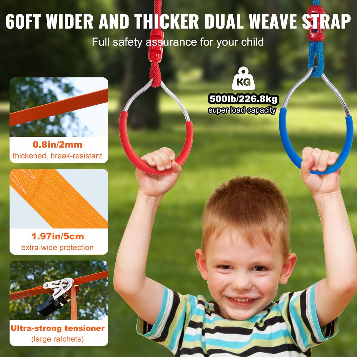 VEVOR Ninja Warrior Obstacle Course for Kids, 2 x 18.3 m Weatherproof Slacklines, 500lbs Weight Capacity Monkey Line, Outdoor Playset Equipment, Backyard Toys Training Equipment Set with 14 Obstacles