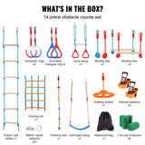 VEVOR Ninja Warrior Obstacle Course for Kids, 2 x 18.3 m Weatherproof Slacklines, 500lbs Weight Capacity Monkey Line, Outdoor Playset Equipment, Backyard Toys Training Equipment Set with 14 Obstacles - Rear View