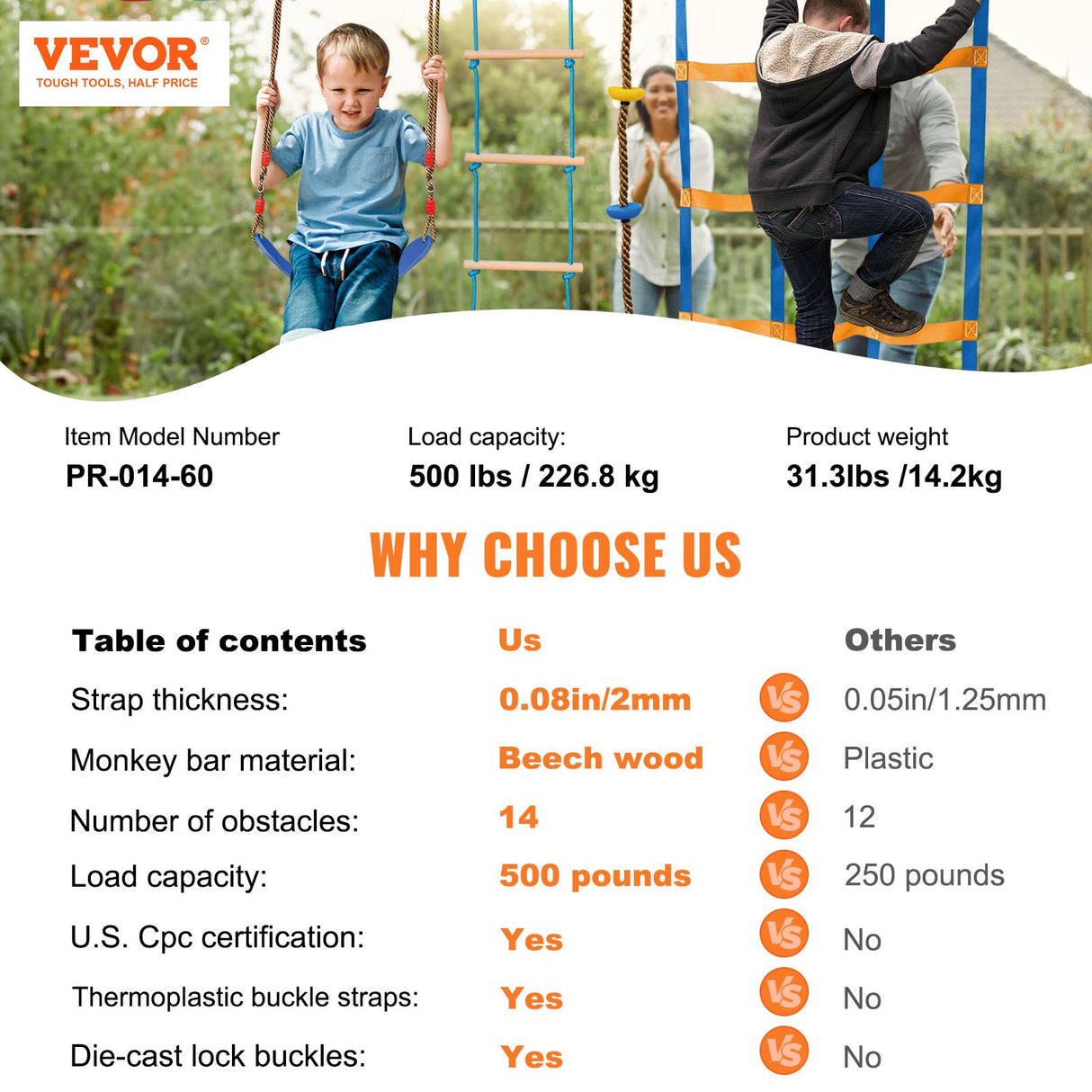 VEVOR Ninja Warrior Obstacle Course for Kids, 2 x 18.3 m Weatherproof Slacklines, 500lbs Weight Capacity Monkey Line, Outdoor Playset Equipment, Backyard Toys Training Equipment Set with 14 Obstacles