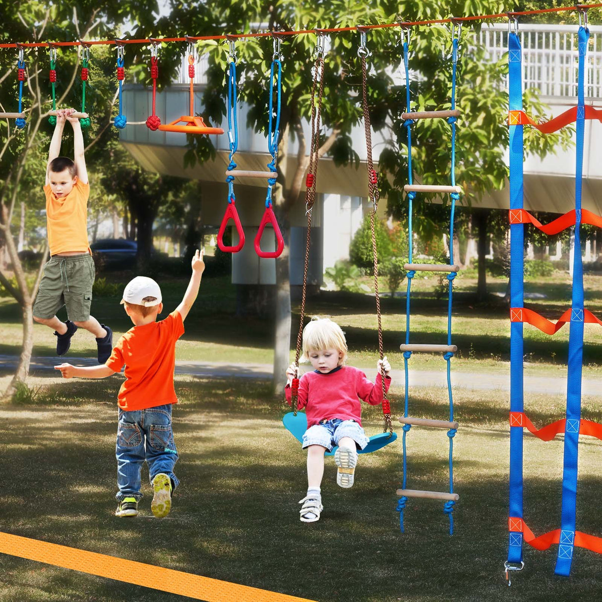 VEVOR Ninja Warrior Obstacle Course for Kids, 2 x 18.3 m Weatherproof Slacklines, 500lbs Weight Capacity Monkey Line, Outdoor Playset Equipment, Backyard Toys Training Equipment Set with 14 Obstacles