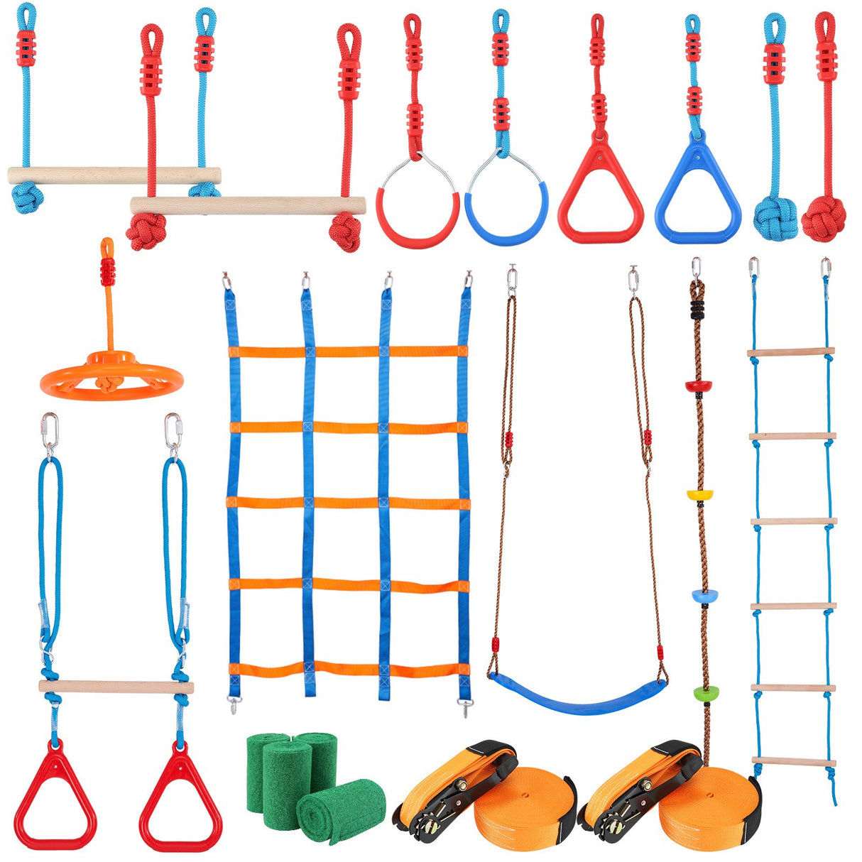 VEVOR Ninja Warrior Obstacle Course for Kids, 2 x 18.3 m Weatherproof Slacklines, 500lbs Weight Capacity Monkey Line, Outdoor Playset Equipment, Backyard Toys Training Equipment Set with 14 Obstacles