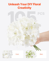 VEVOR Artificial Flowers, 105 pcs Real Looking White Silk Fake Hydrangea Bulk, White Faux Bridal Shower with Stems for DIY Wedding Bouquets, Home Centerpieces Arrangements, Party Tables Decorations - Top-Down View