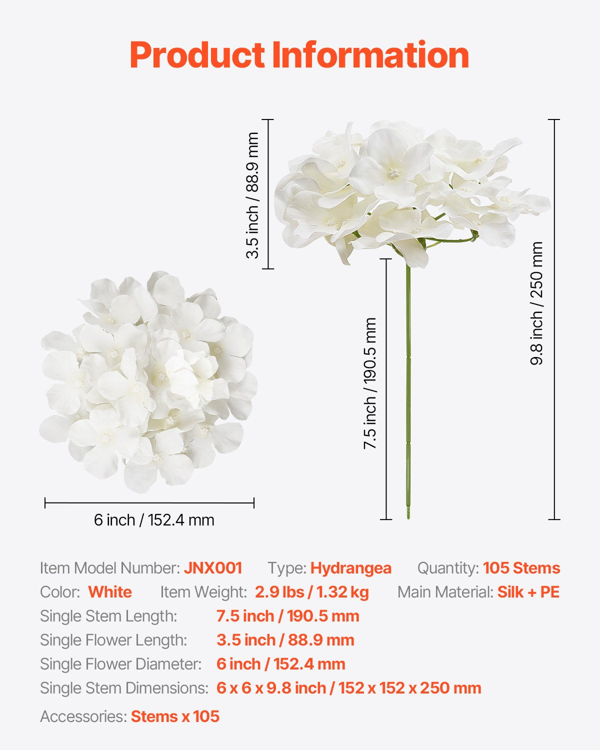 VEVOR Artificial Flowers, 105 pcs Real Looking White Silk Fake Hydrangea Bulk, White Faux Bridal Shower with Stems for DIY Wedding Bouquets, Home Centerpieces Arrangements, Party Tables Decorations